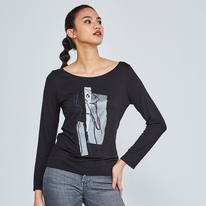 Sexy Goddess Pattern Print Long Sleeve Top - Women's Tops - Cotton & Hemp Black