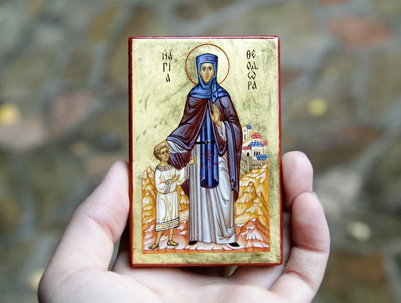 hand painted orthodox wood icon Saint reverend Theodora miniature art - Other - Wood Gold