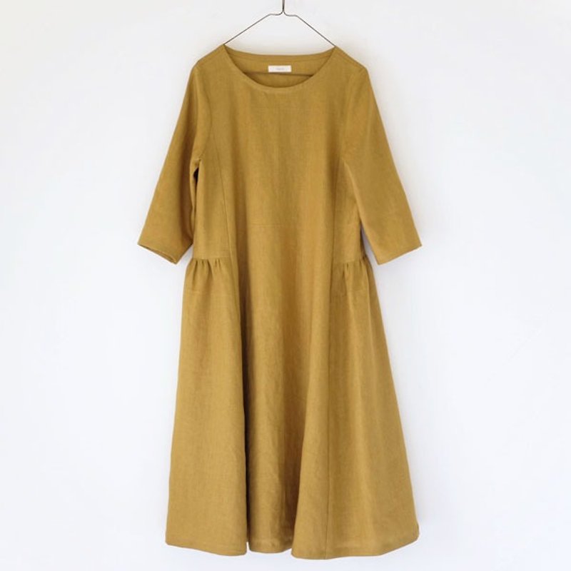 Daily work clothes. Mustard color sense of seven feet wide sleeves, linen - One Piece Dresses - Cotton & Hemp Green