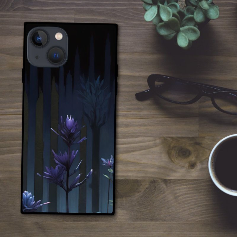 A square smartphone case with a border pattern of plants with a fantastic, beautiful and mysterious indigo blue transparency [tempered glass finish] compatible with iPhone 16 - Phone Cases - Plastic Multicolor