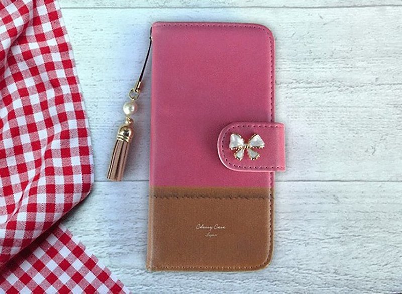 [Compatible with all models] Free shipping [Notebook type] Fabric-style pink and Brown with tassel strap - Phone Cases - Genuine Leather Pink