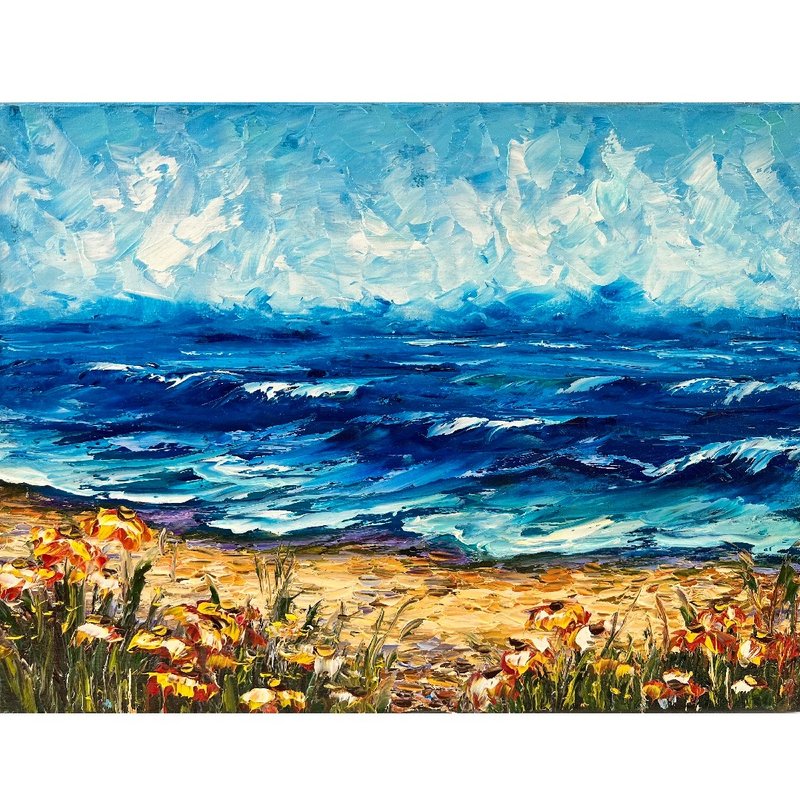 Seascape Painting Flowers Original Artwork 30x40cm by Oksana Stepanova - 海報/掛畫/掛布 - 棉．麻 多色