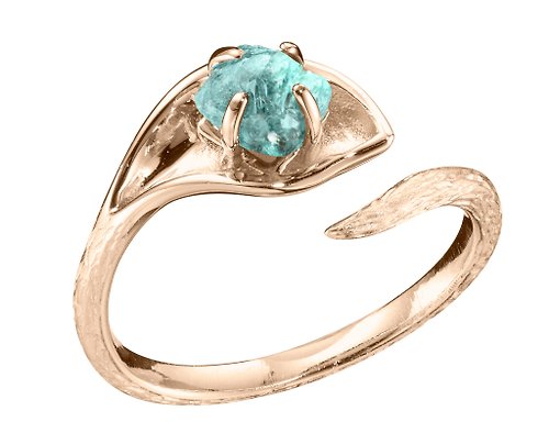 Majade Jewelry Design 海藍寶14k黃金馬蹄蓮戒指 海芋花原石訂婚戒指 樹紋原礦求婚戒指