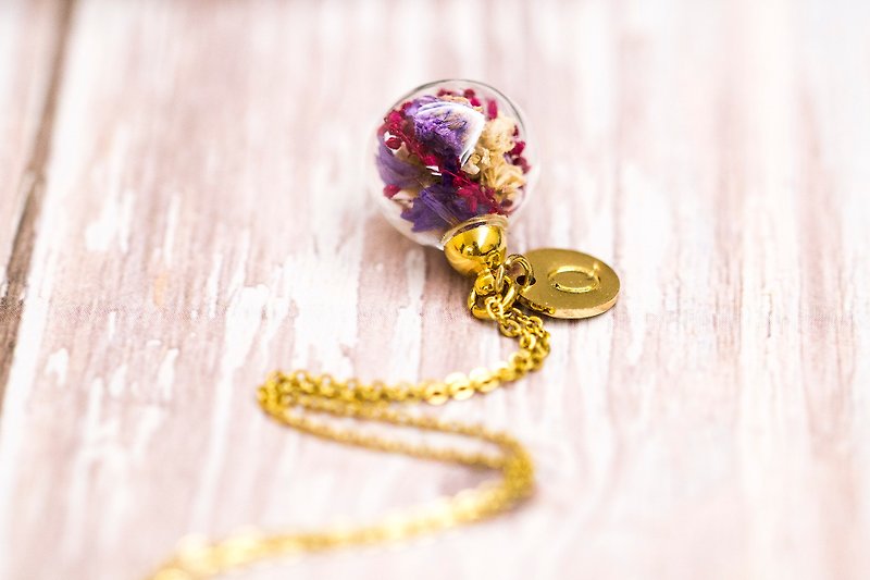 Real Flower in Glass Ball Stainless Steel Necklace - สร้อยคอ - แก้ว สีม่วง