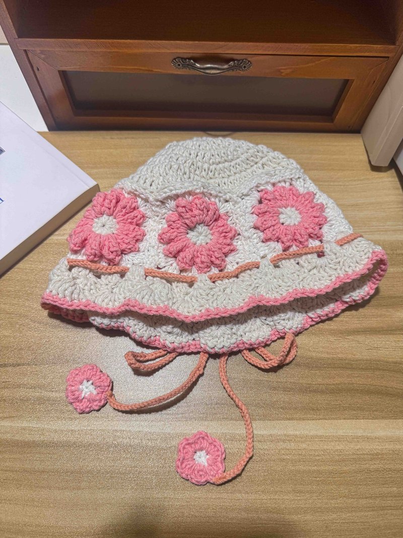 現貨 MUMU 兒童可愛梅子配色小雛菊織片鉤織帽子 HAND MADE - 嬰兒帽子/髮帶 - 棉．麻 粉紅色