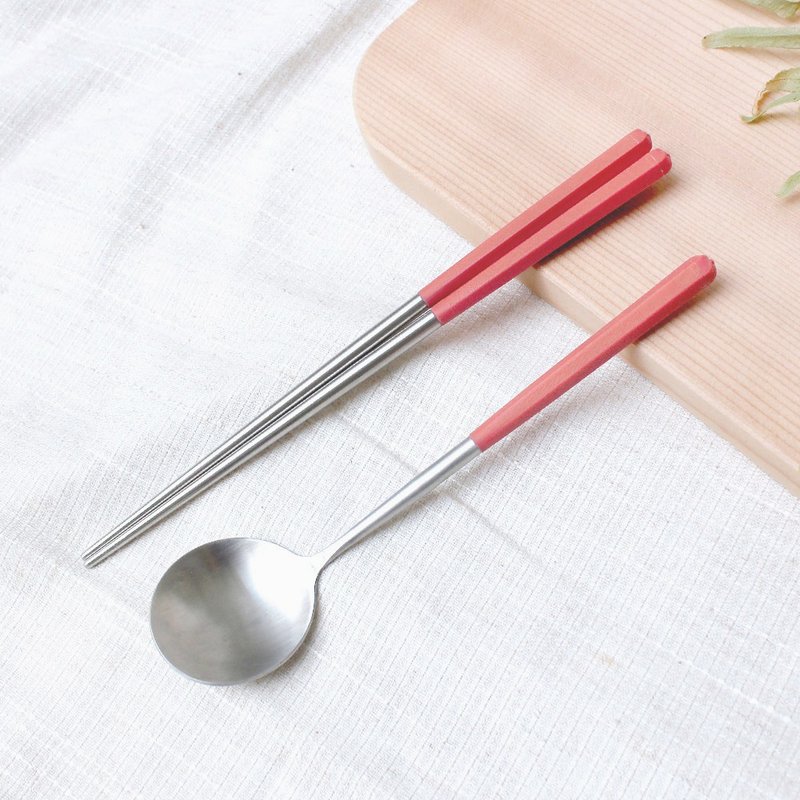 Creative Hexagonal Good Chopsticks and Spoons Tableware Set 1 Set - Coral Orange - ตะเกียบ - สแตนเลส สีส้ม