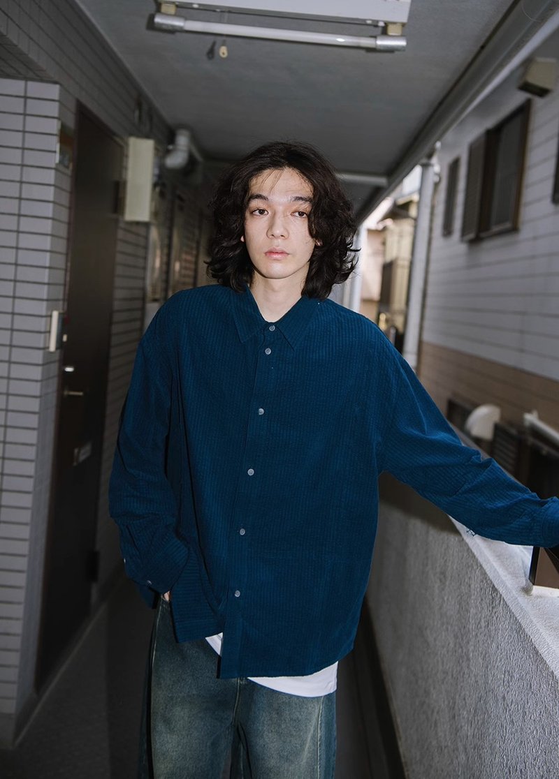 暗夜藍 復古燈芯絨長袖襯衫 - 男襯衫/休閒襯衫 - 其他材質 藍色
