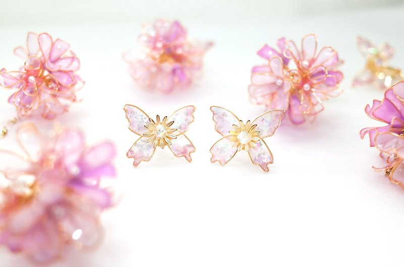 蝶與花園手工樹脂耳環夢幻華麗 - 耳環/耳夾 - 樹脂 粉紅色