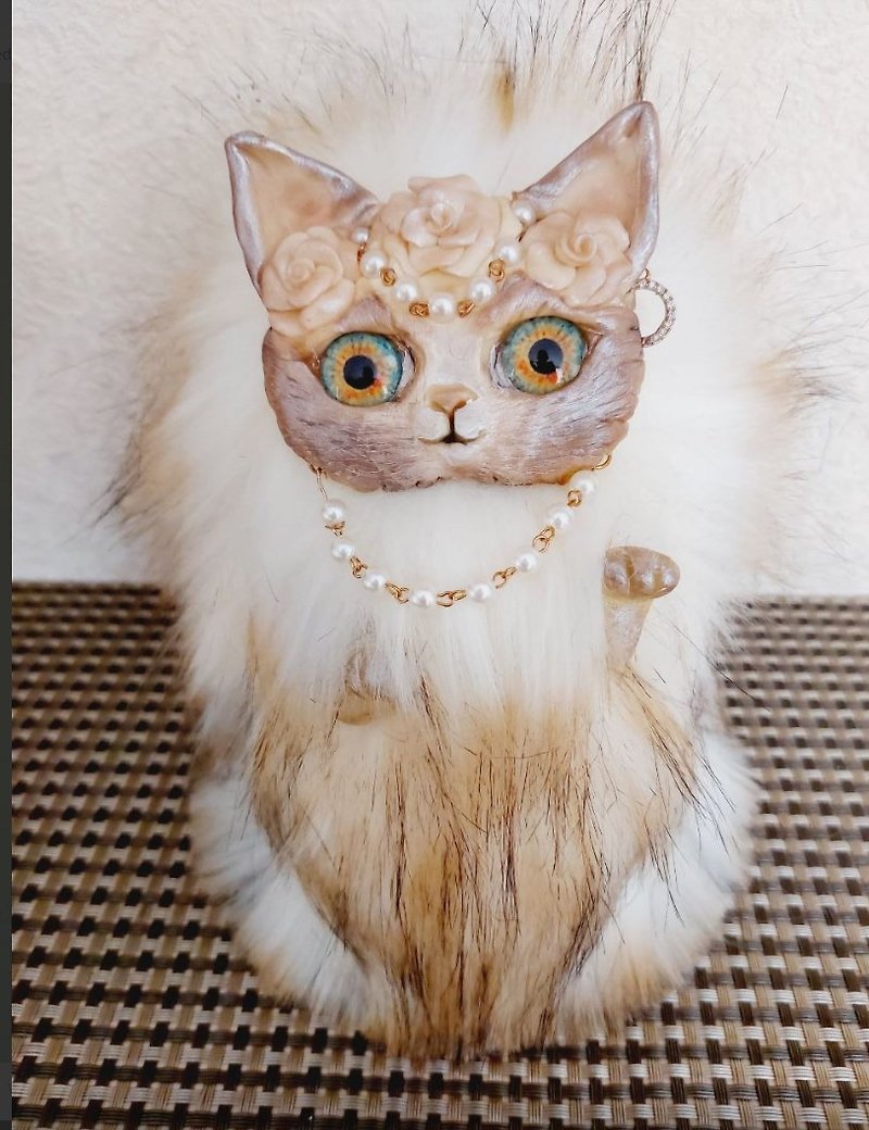 招き猫 毛皮猫 ポリマークレイ猫 柔らかい猫 猫のお土産 ぬいぐるみ猫 - 人形・フィギュア - ウール カーキ