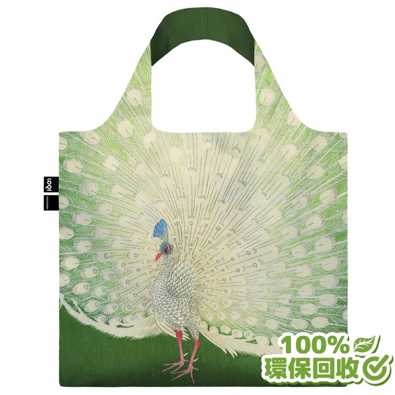 LOQI環保材質購物袋|博物館-小原古邨孔雀開屏OKPE(無扣帶、暗袋) - 側背包/斜背包 - 聚酯纖維 綠色