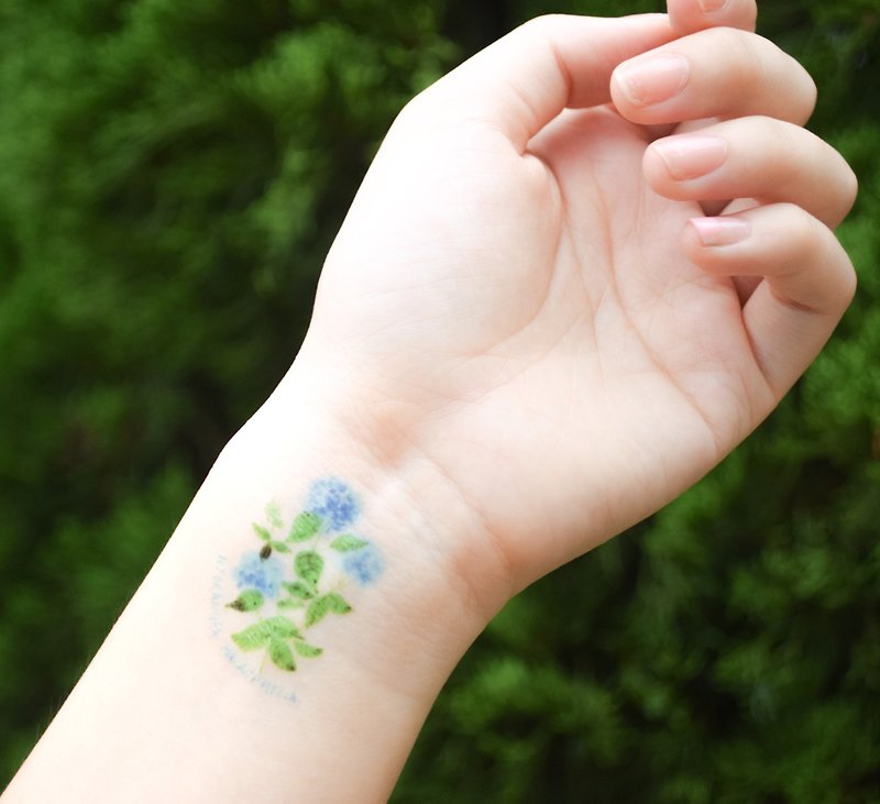 紫陽花刺青 水彩簡約 紋身貼紙 - 紋身貼紙/刺青貼紙 - 紙 藍色