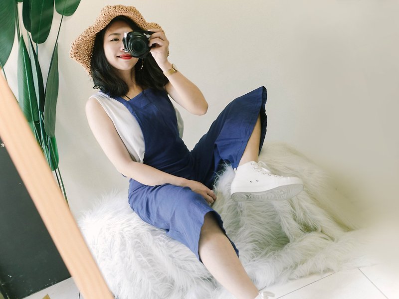 Gray ink blue leisure and playful weekend garden antique cotton one-piece suspender trousers vintage overalls - จัมพ์สูท - ผ้าฝ้าย/ผ้าลินิน สีน้ำเงิน