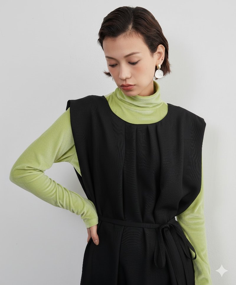 パワーショルダー・ワイドショルダー・タックワンピース・ベルトマーク・ノースリーブワンピ - ワンピース - ポリエステル ブラック