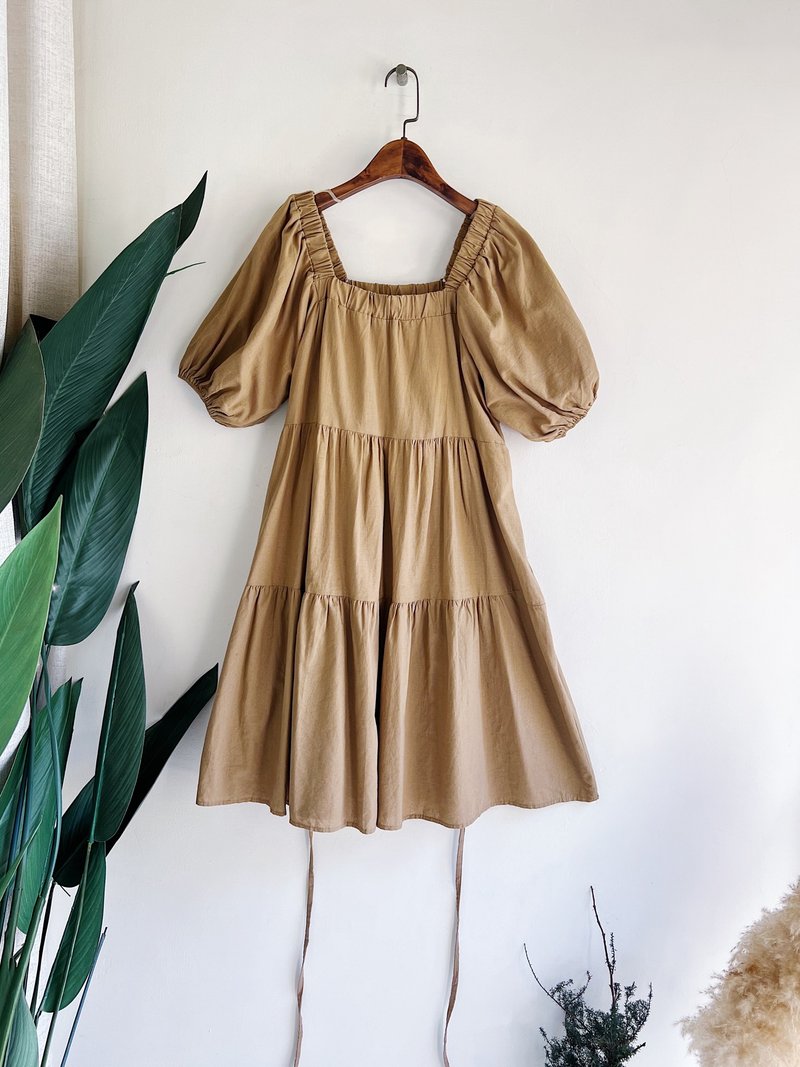 經典卡其色棉麻方領一字領澎袖 長裙洋裝連身裙古著 ドレス Dress - 洋裝/連身裙 - 棉．麻 咖啡色