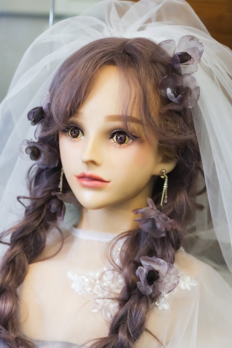 煙紫輕紗 紗花 髮叉 耳環 蝶型豌豆花  仙氣新娘紗飾 可改色 - 髮夾/髮圈 - 絲．絹 紫色