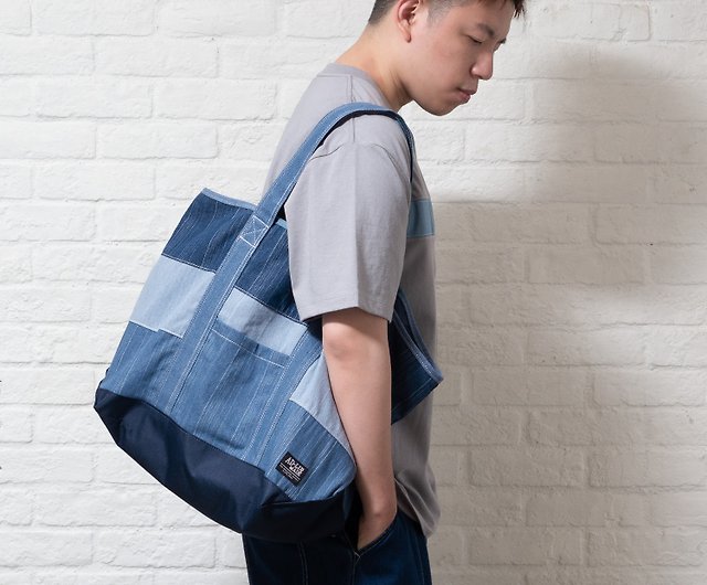 Blue Grey Patchwork Tote Bag