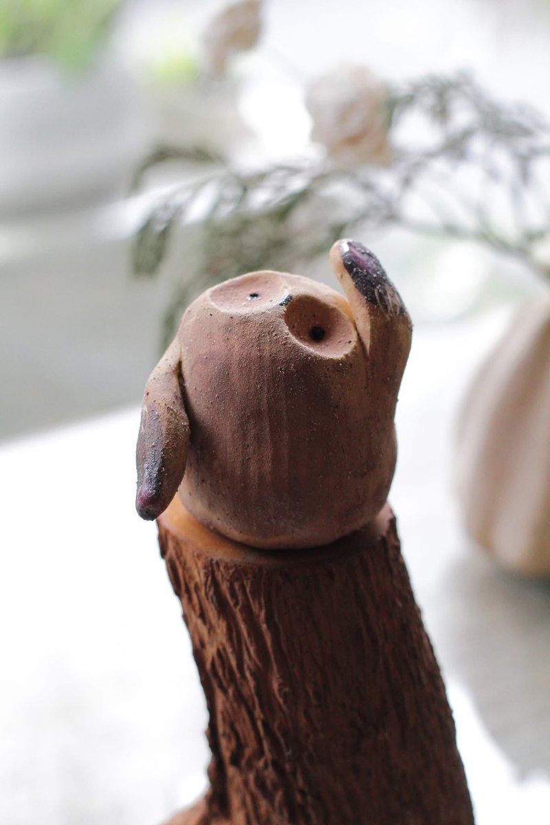 Purely handmade ceramic owl ornament including wooden base 4 - Items for Display - Pottery Brown