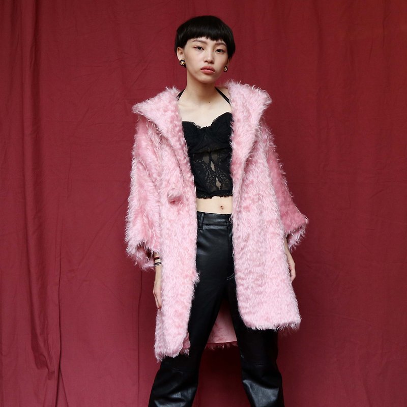 Pumpkin Vintage. Ancient pink kimono fake fur fur coat - เสื้อแจ็คเก็ต - วัสดุอื่นๆ สึชมพู