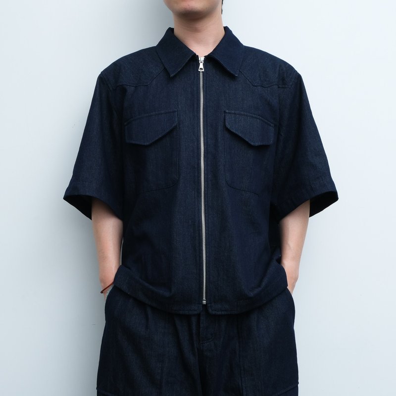 KAIKAI - Insomnia - 夜藍雙口袋拉鍊牛仔外套 - 男夾克/外套 - 棉．麻 藍色
