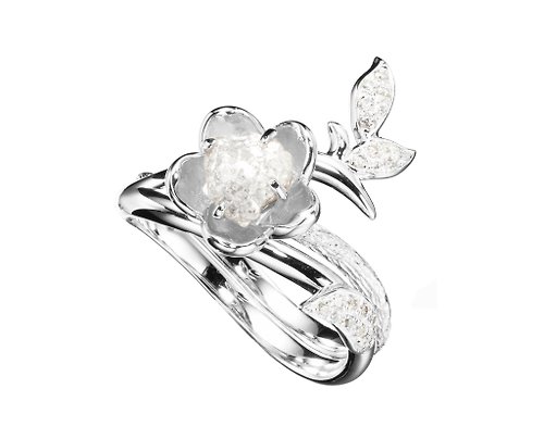 Majade Jewelry Design 鑽石鑽胚14k白金梅花求婚戒指套裝 獨特植物原石訂婚戒指組合