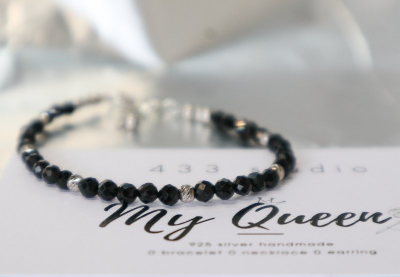 Black Spinal - August Birthstone 925 SILVER Faceted Black Spinal 3mm - Delicate Bracelet - สร้อยข้อมือ - เครื่องประดับพลอย สีดำ