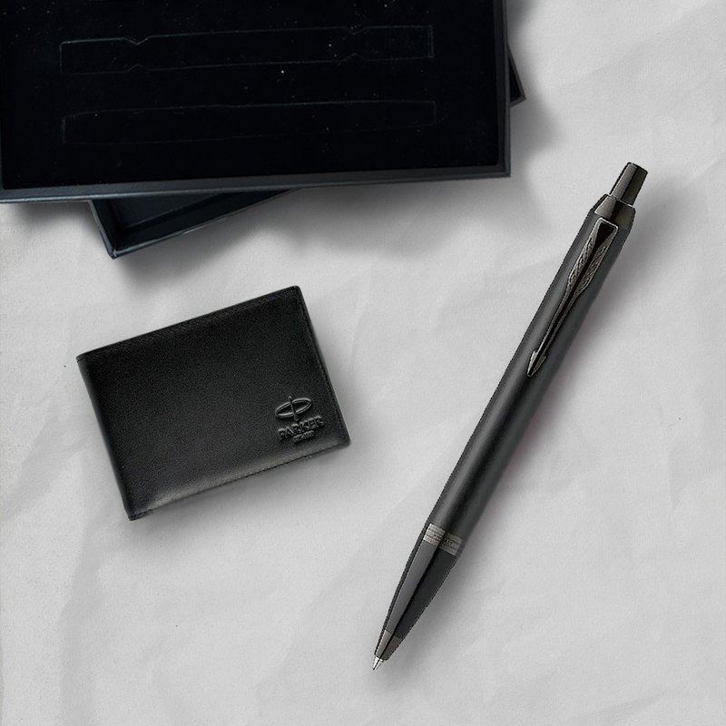 Parker 派克 新IM 特別款理性黑原子筆 牛皮短夾禮盒 免費刻字 - 原子筆/中性筆 - 其他金屬 黑色