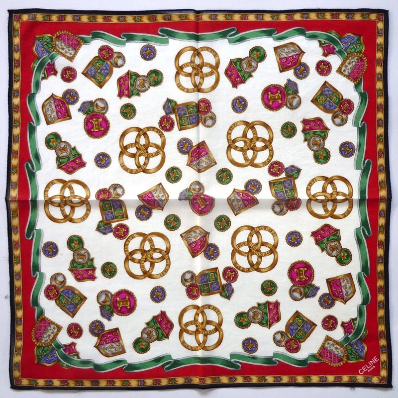 Celine Paris 古董手帕 - 獎章 紋章 18.5 x18.5 英吋 - 絲巾 - 棉．麻 紅色