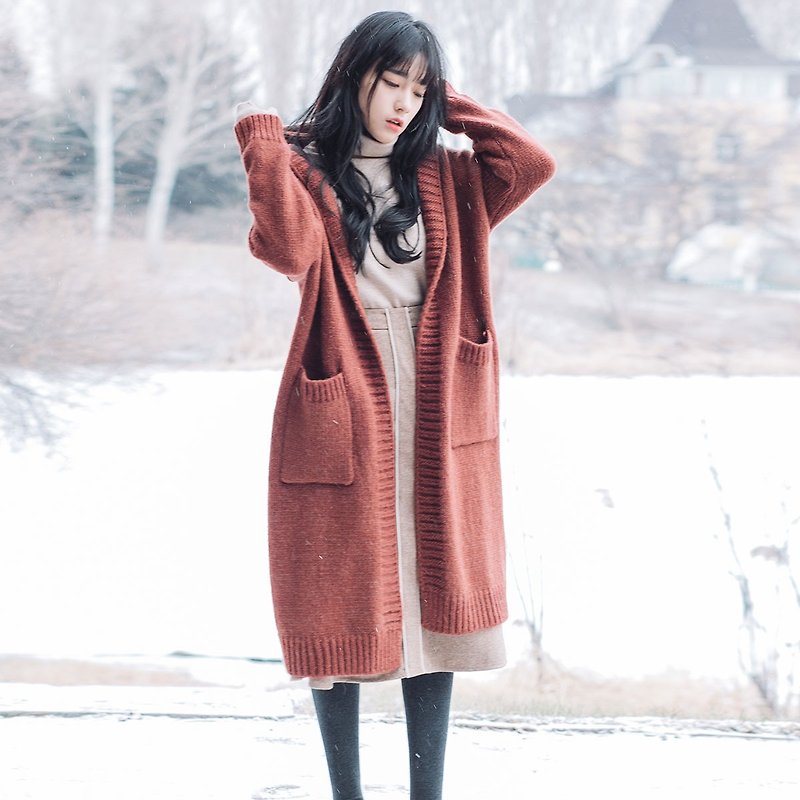 Anne Chen 2017 winter new ladies buckle thick sweater hooded cardigan - สเวตเตอร์ผู้หญิง - ผ้าฝ้าย/ผ้าลินิน สีแดง