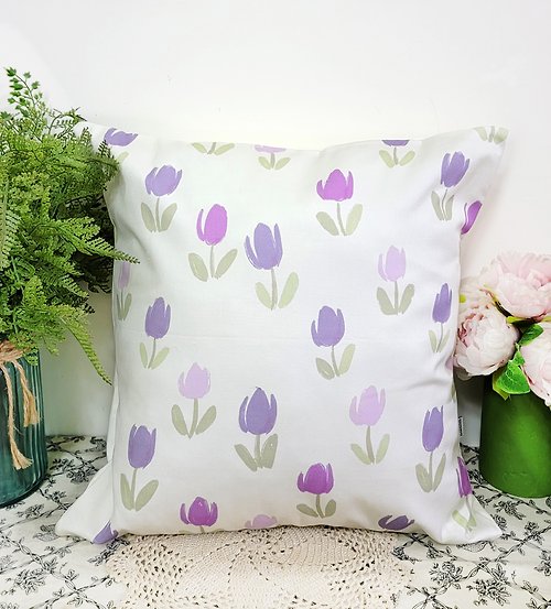 hazelnut 北歐可愛田園風格粉紫色鬱金香花圖案抱枕靠枕靠墊枕套