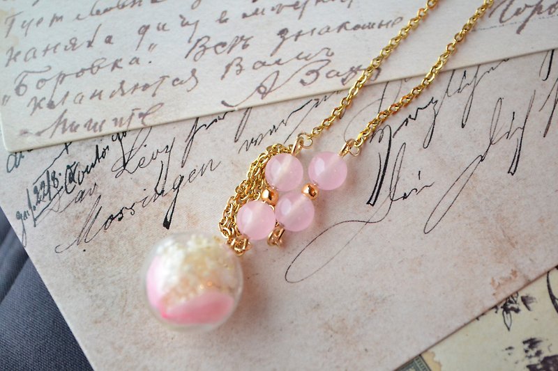 Rose Quartz Crystal with 18k gold bead and Real flower glass globe necklace - Necklaces - Glass Pink