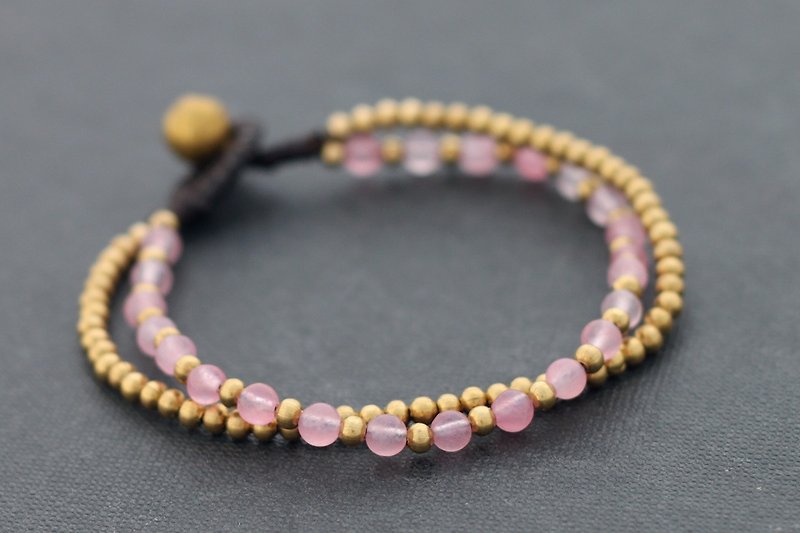 Rose Quartz Stone Bracelets Beaded Woven Strand Basic Cute Lovely - สร้อยข้อมือ - ผ้าฝ้าย/ผ้าลินิน สึชมพู