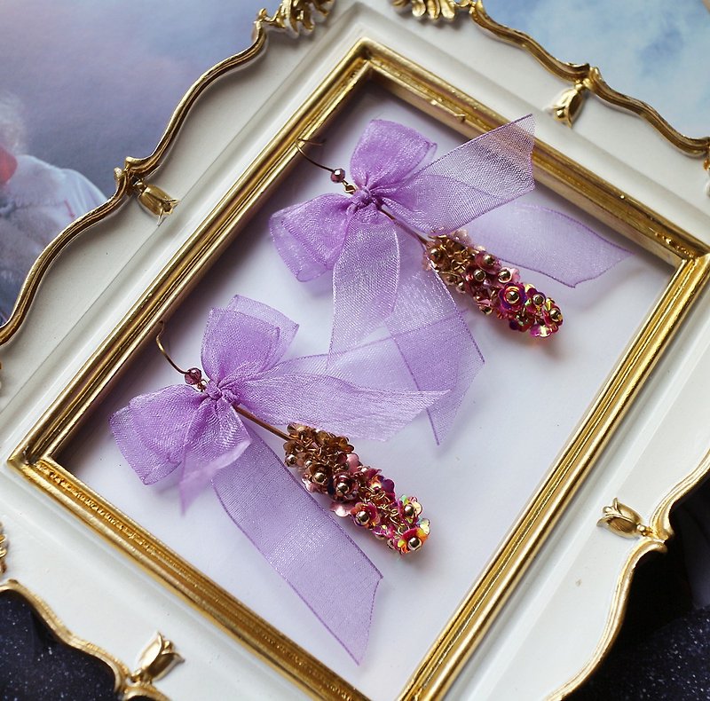 紗緞帶蝴蝶結花朵垂墜耳環 耳鉤 耳夾 - 耳環/耳夾 - 銅/黃銅 紫色