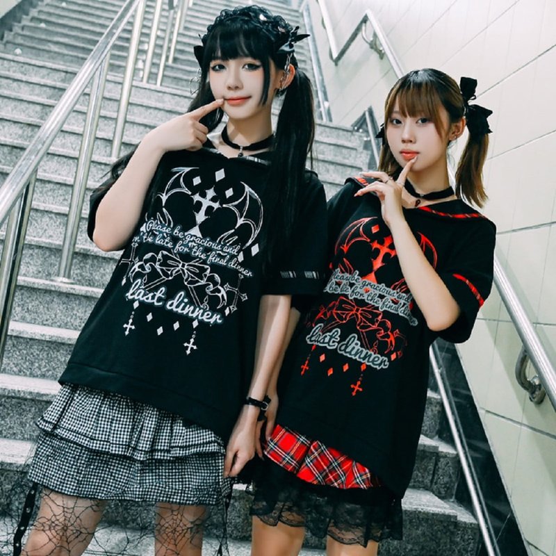 animecore harajuku preppy the last dinner Laced Sailor tee w/ bow tie JJ2496 - เสื้อยืดผู้หญิง - ผ้าฝ้าย/ผ้าลินิน 