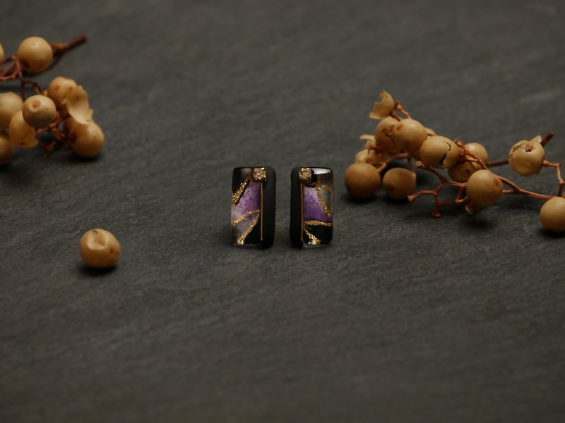 Purple Drunken Gold Fan_Donglin - Earrings & Clip-ons - Resin Purple