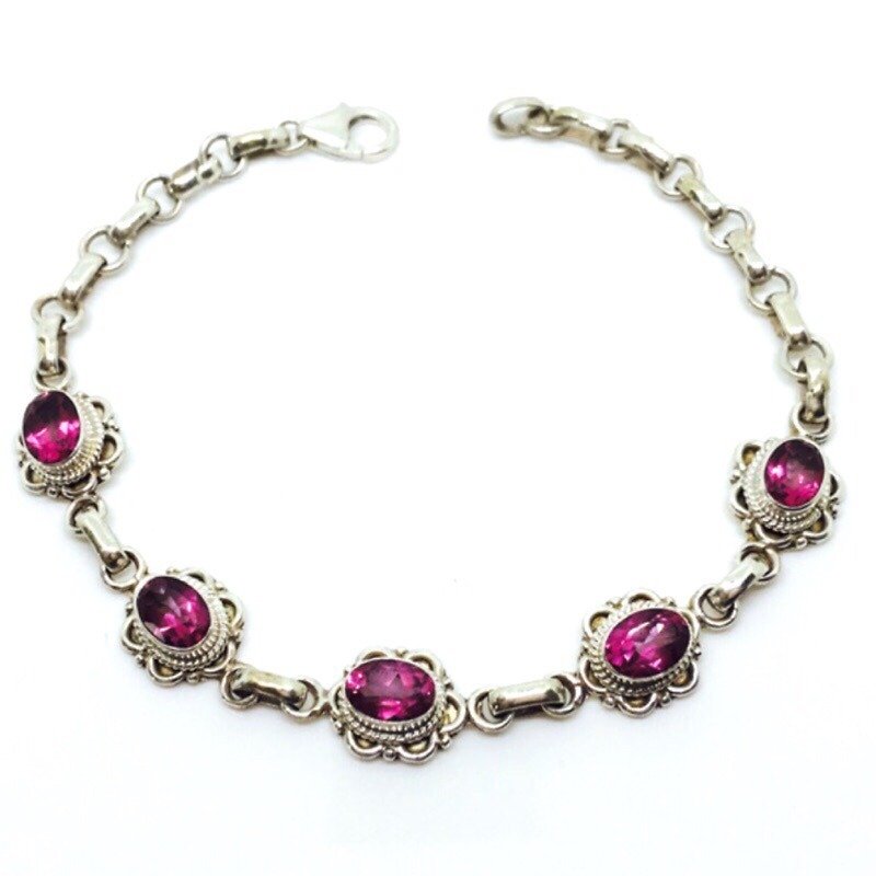 Pink entourage 925 sterling silver flower bracelet Nepal handmade mosaic production - Bracelets - Gemstone Pink