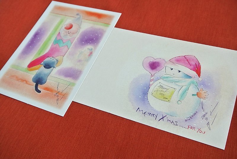 Christmas stocking cat + love snowman postcard group - Cards & Postcards - Paper White