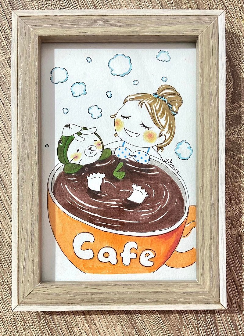 Soaking in coffee soup is so healing/colorful pen (including wooden frame 12.4x17.2x2 cm) - Posters - Paper White