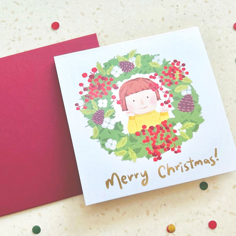 Christmas Wreath & Girl / Christmas Card - Cards & Postcards - Paper Green