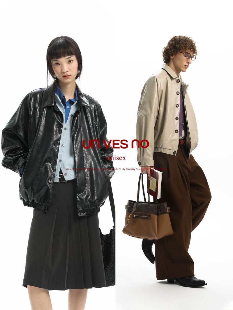 【復古油蠟皮】Unvesno(UN)短寬翻領油蠟皮外套皮革夾克 明星同款 - 男夾克/外套 - 其他材質 