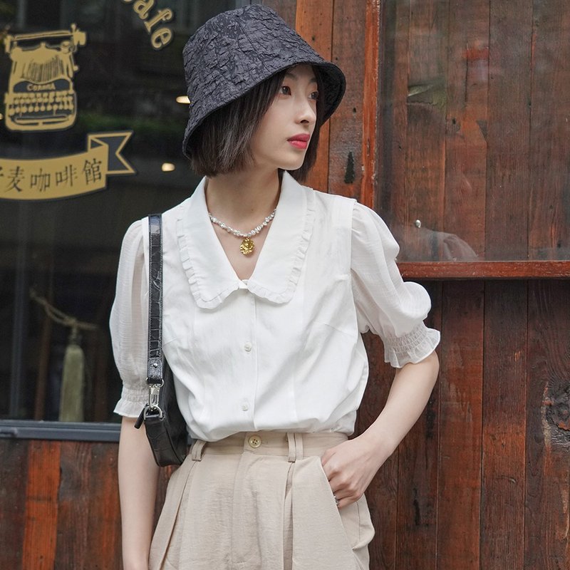 木耳邊娃娃領白色短袖襯衫|襯衫|夏款|人棉+錦綸|Sora-490 - 女短褲/五分褲 - 其他人造纖維 白色