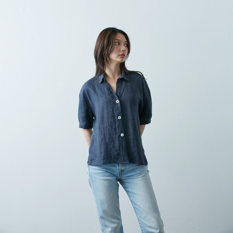 Pleated Sleeve Shirt – Indigo - Women's Tops - Cotton & Hemp Blue