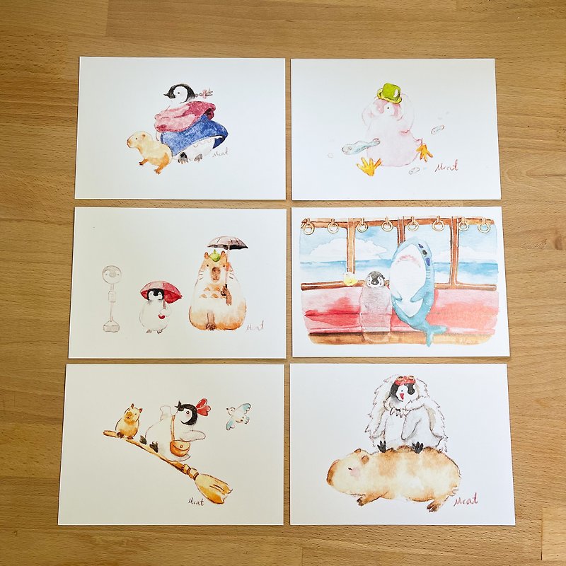 小企鵝的角色扮演 插畫明信片套組 - 心意卡/卡片 - 紙 多色