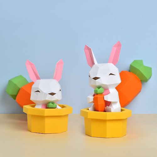 盒紙動物 BOX ANIMAL - 台灣原創紙模設計開發 3D紙模型-DIY動手做-動物系列-可愛兔寶盆-兔子 擺飾 盆栽