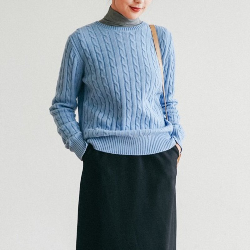 Somehow stylish cable knit 100% wool, sky blue 231103-3 - Women's Tops - Wool 