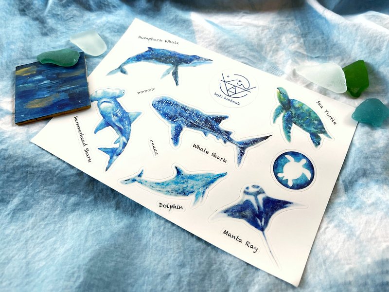 marine life hand drawn stickers big fin whale hammerhead shark whale shark tofu shark turtle ghost manta ray dolphin - สติกเกอร์ - วัสดุกันนำ้ สีน้ำเงิน