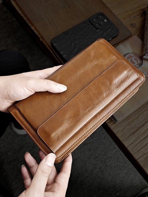 Piboles 手工真皮磁扣長款錢夾 拉鏈皮夾大容量手抓包 商務錢包