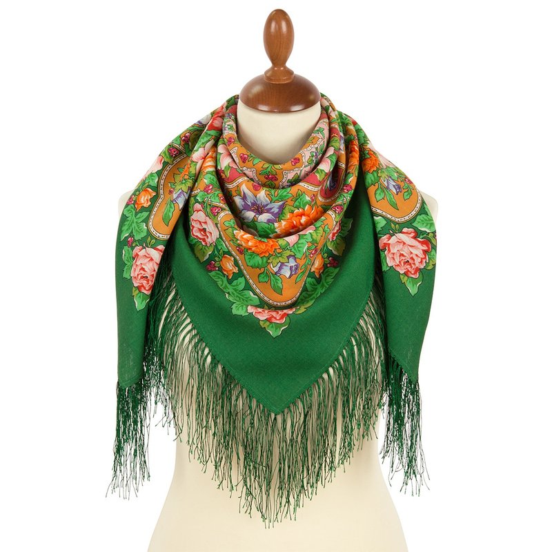 Authentic Pavlovo Posad Russian Shawl Scarf Soft 100% Wool 89x89 cm 1927-9 - Scarves - Wool Green