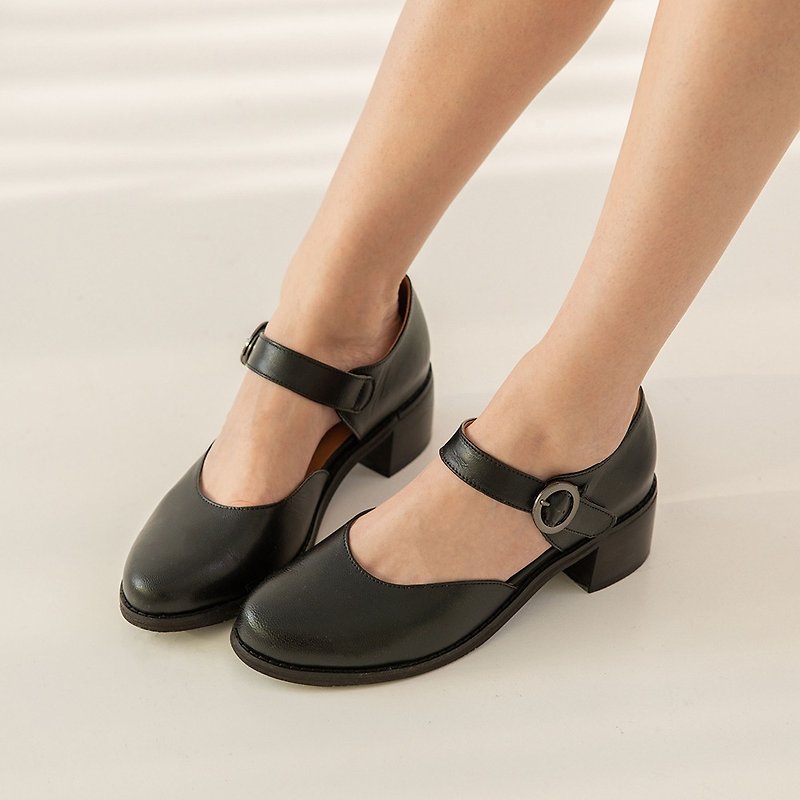 Two girls low-heeled Osei shoes-Yuan Shandai - High Heels - Genuine Leather Black