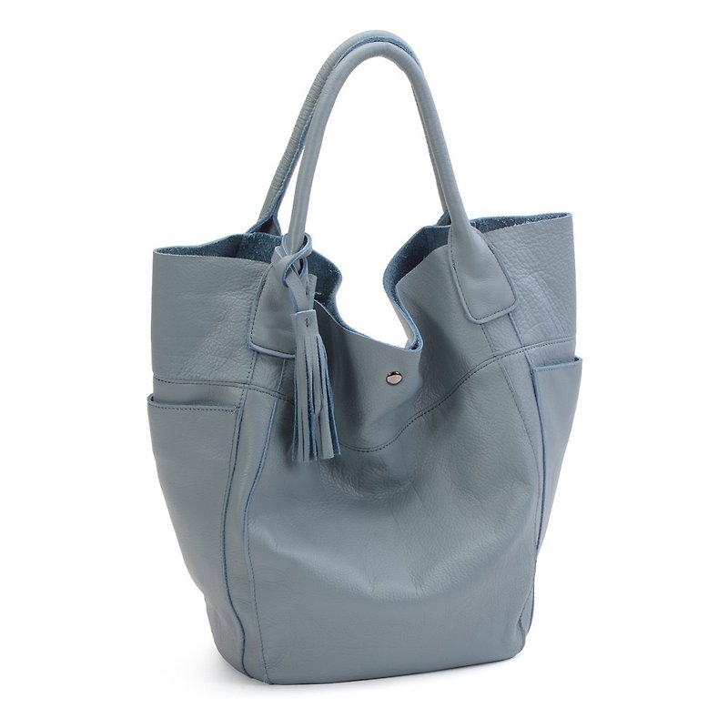 La Poche Secrete: Confident girl's side of the water dyed leather shoulder bag _ _ new gray-blue color - กระเป๋าแมสเซนเจอร์ - หนังแท้ สีน้ำเงิน