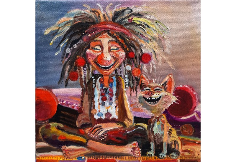 Funny Painting Original Art Small Impasto Oil Painting on Canvas - 壁貼/牆壁裝飾 - 其他材質 銀色